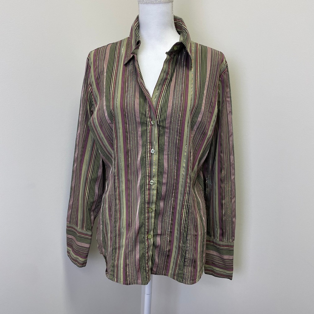 New York & Company Y2K Stretch Striped Button Down Shirt XL Green Purple Gold